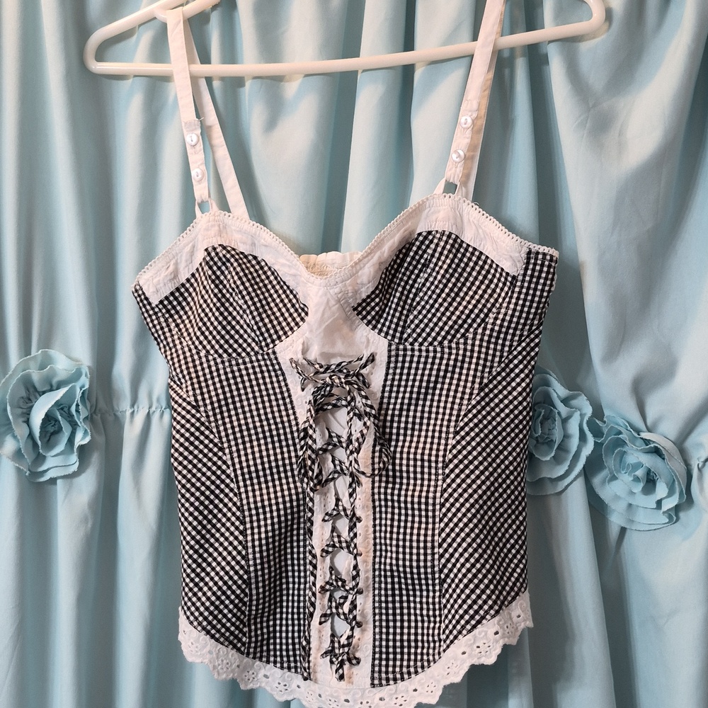 20 Something Gingham Lace-Up Corset Tank Top - Black & White Sz M